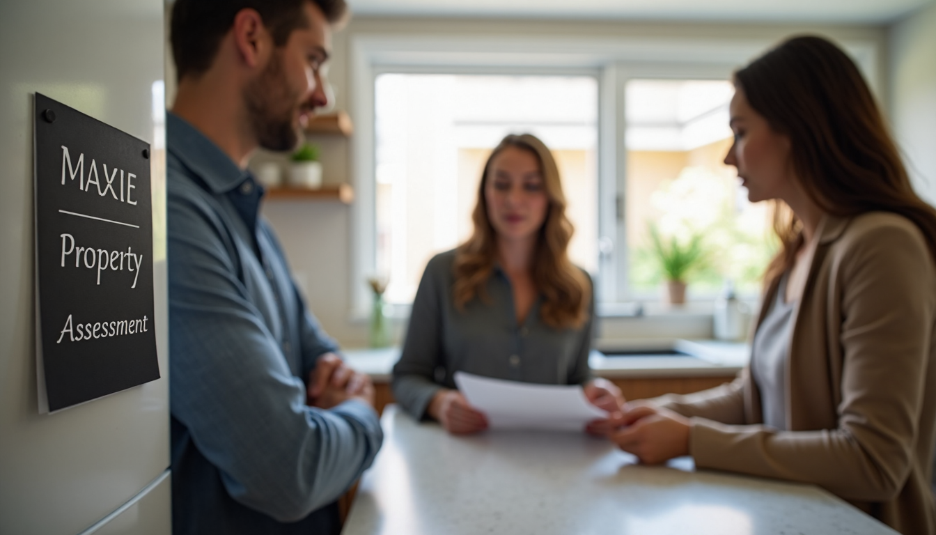 Tenants and realtor review papers with Property Assessment text on fridge