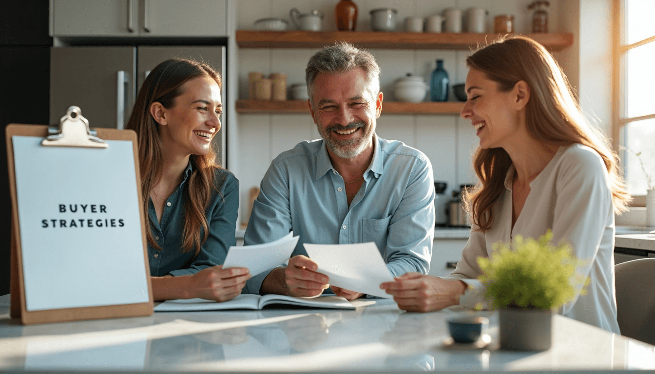 Homebuyers and real estate agent discuss buyer strategies in a Toronto kitchen