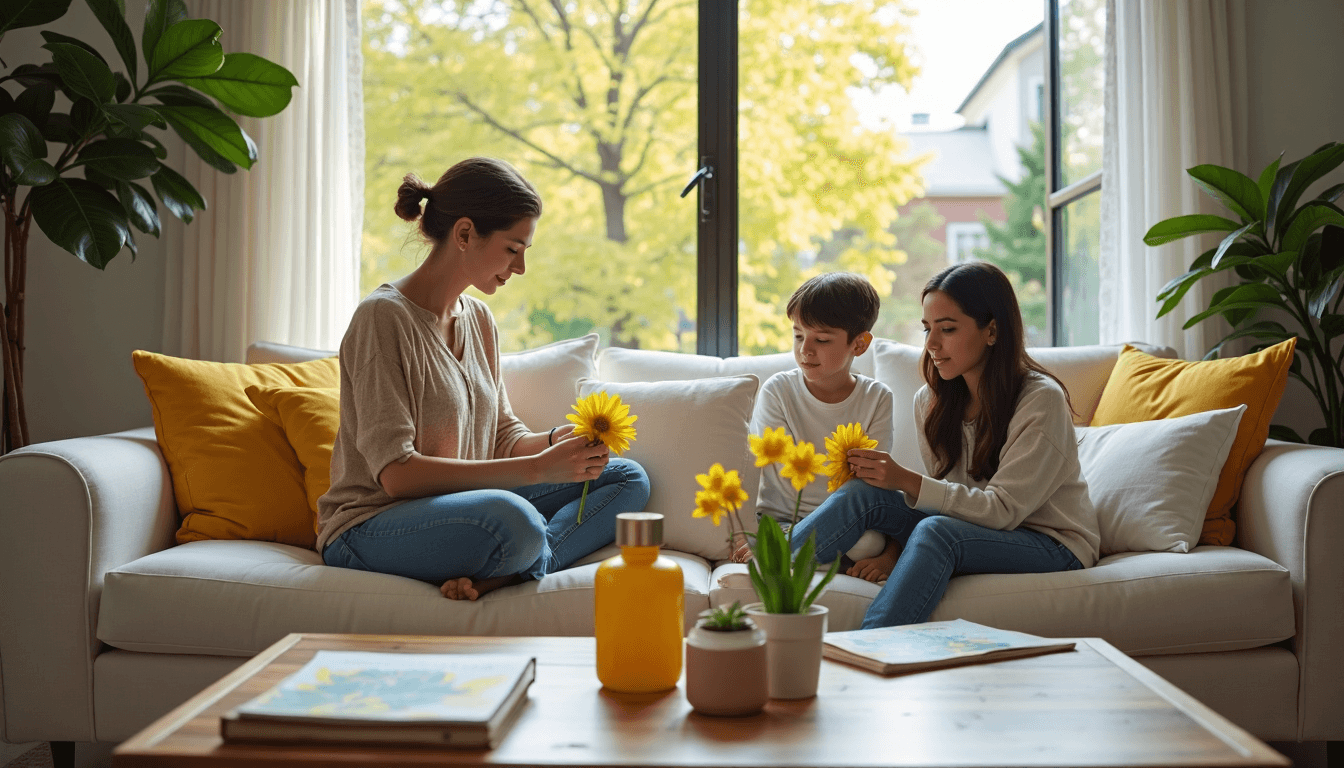 Family staging sunlit living room for spring sale