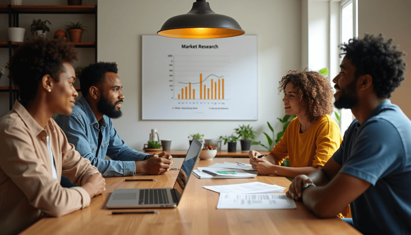 Durham group reviews documents with Market Research chart poster