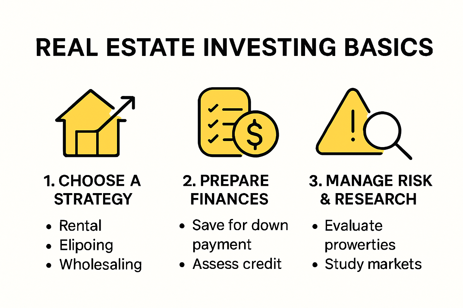 Infographic showing real estate investment basics steps and concepts