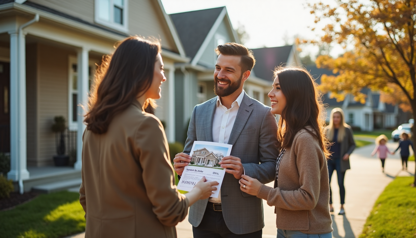 Durham family and real estate agent near For Sale sign in suburb