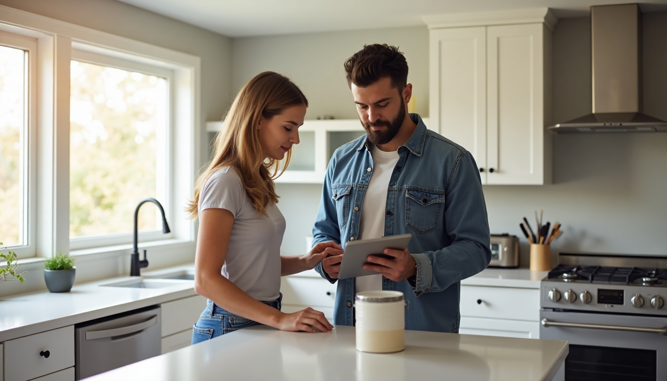 Homeowner and realtor discuss seller fees on kitchen tablet