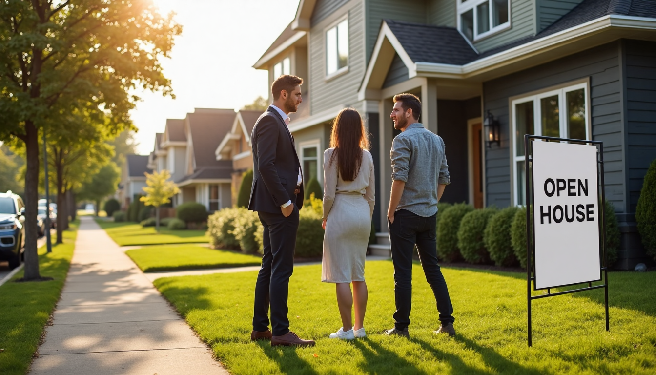 Agent and couple at open house in Durham neighborhood