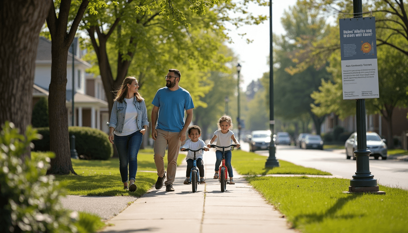 Toronto family together in a vibrant suburban neighbourhood with children biking.