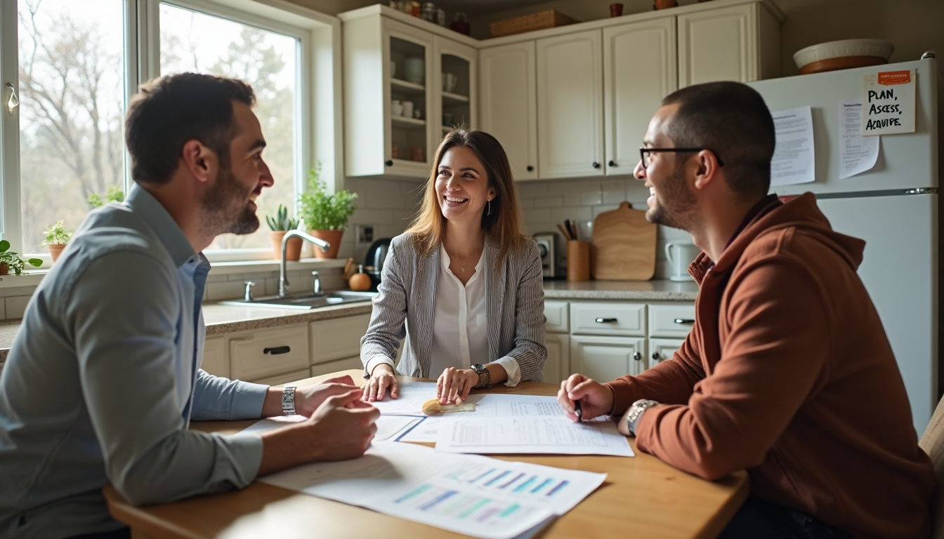 Investor couple and realtor planning in Durham home kitchen with planning keywords
