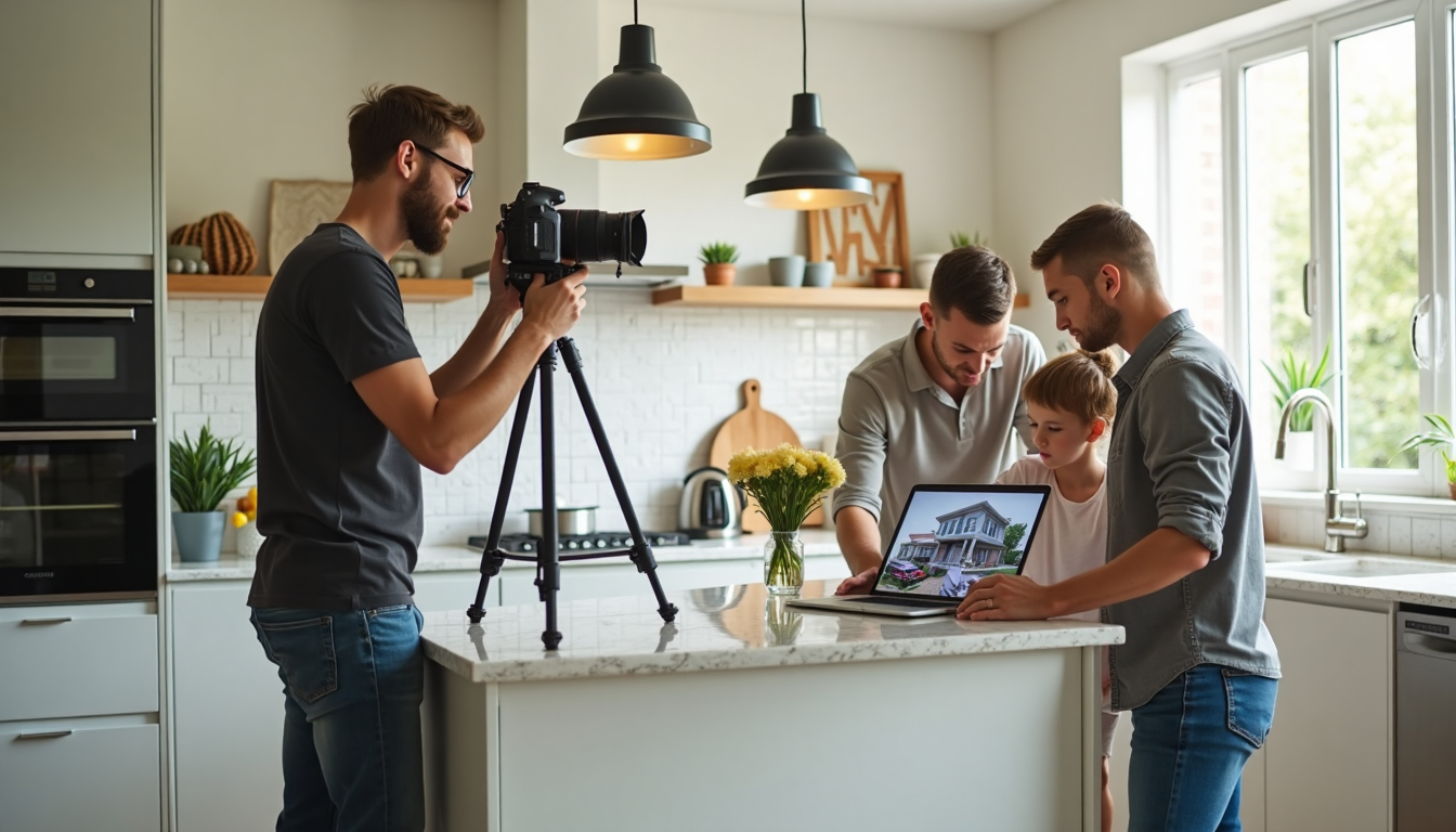 Photographer, agent, and family review virtual home tour in staged kitchen