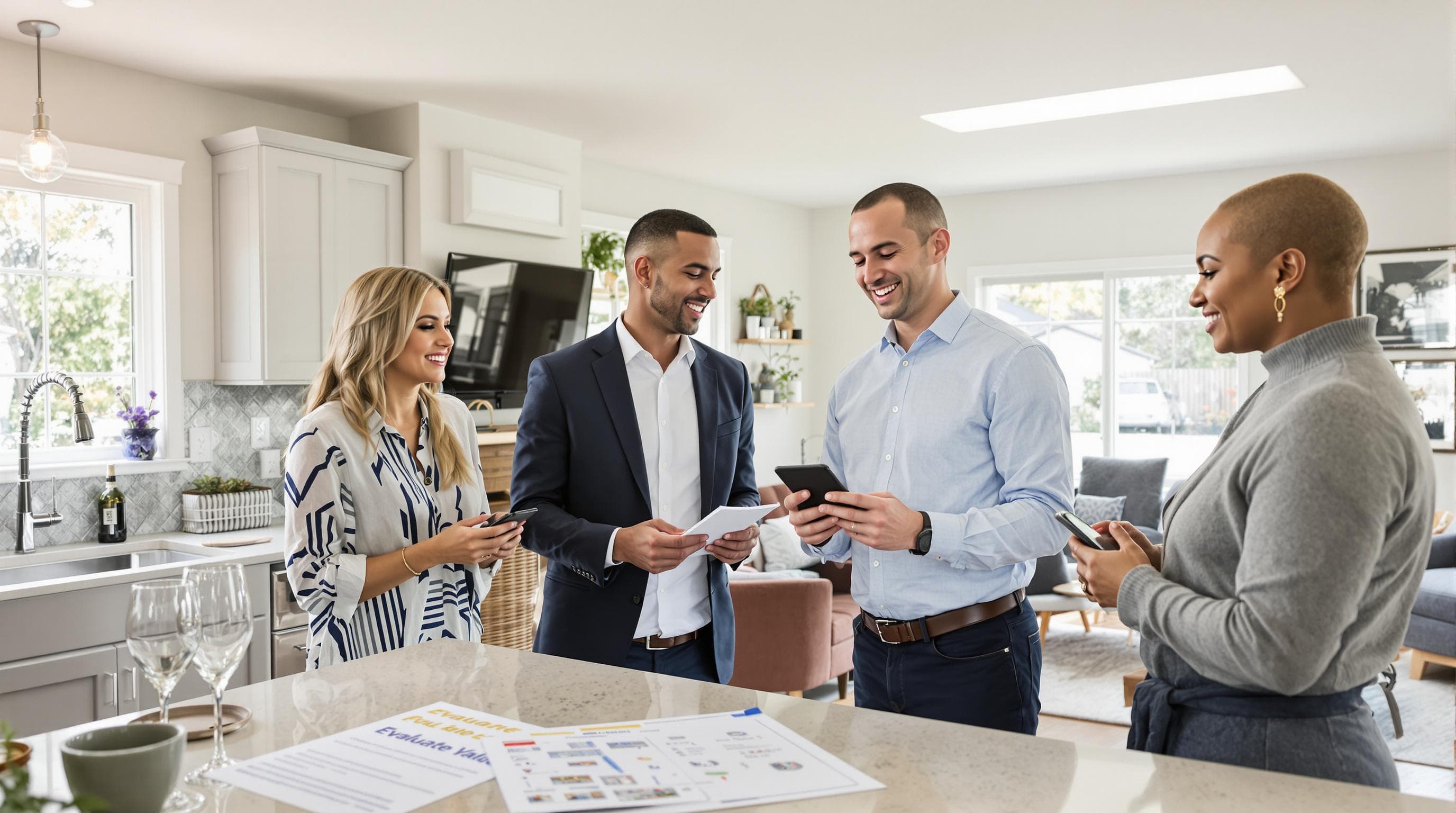 Group of buyers touring Durham home, comparing value on devices