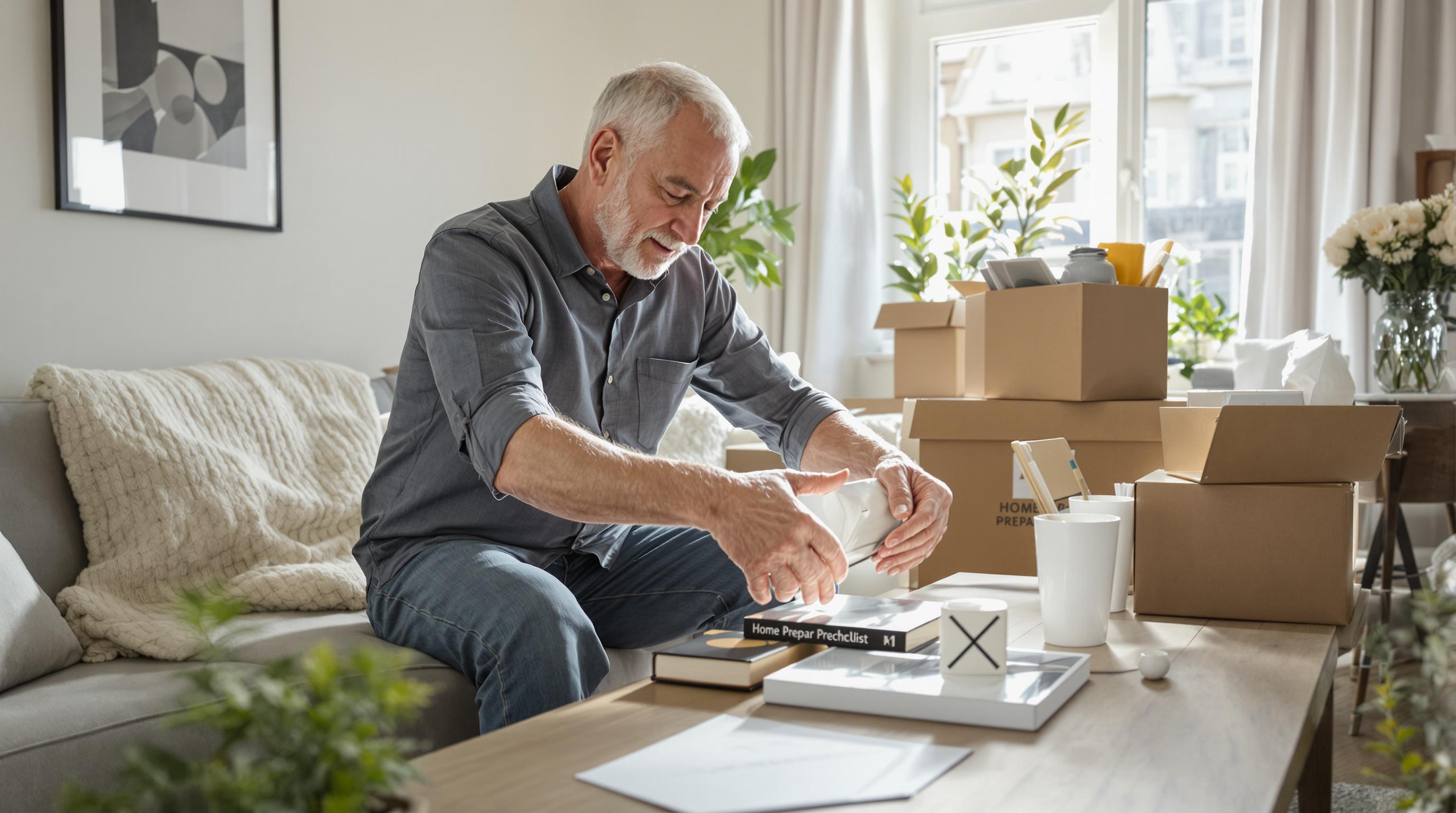 Senior decluttering living room in preparation for home sale