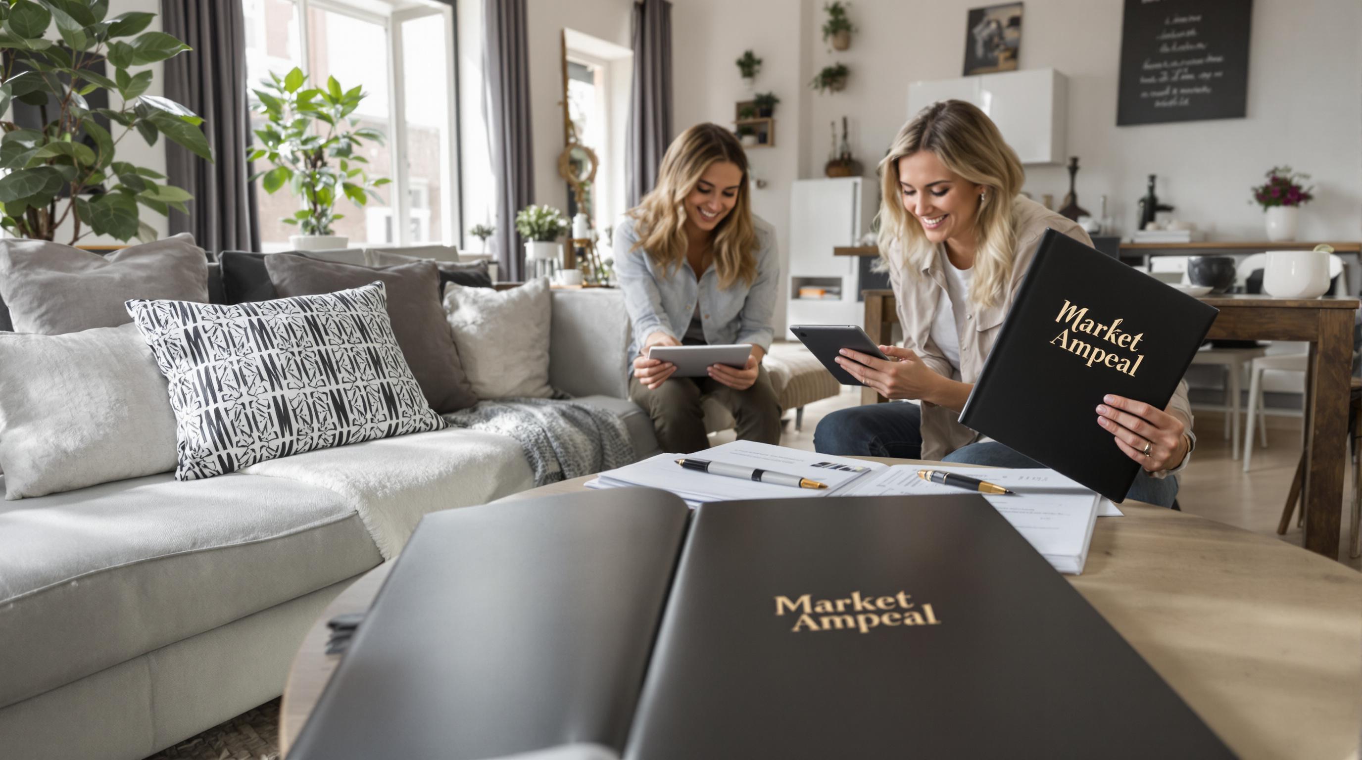 Home stager and realtor preparing a townhouse living room for sale