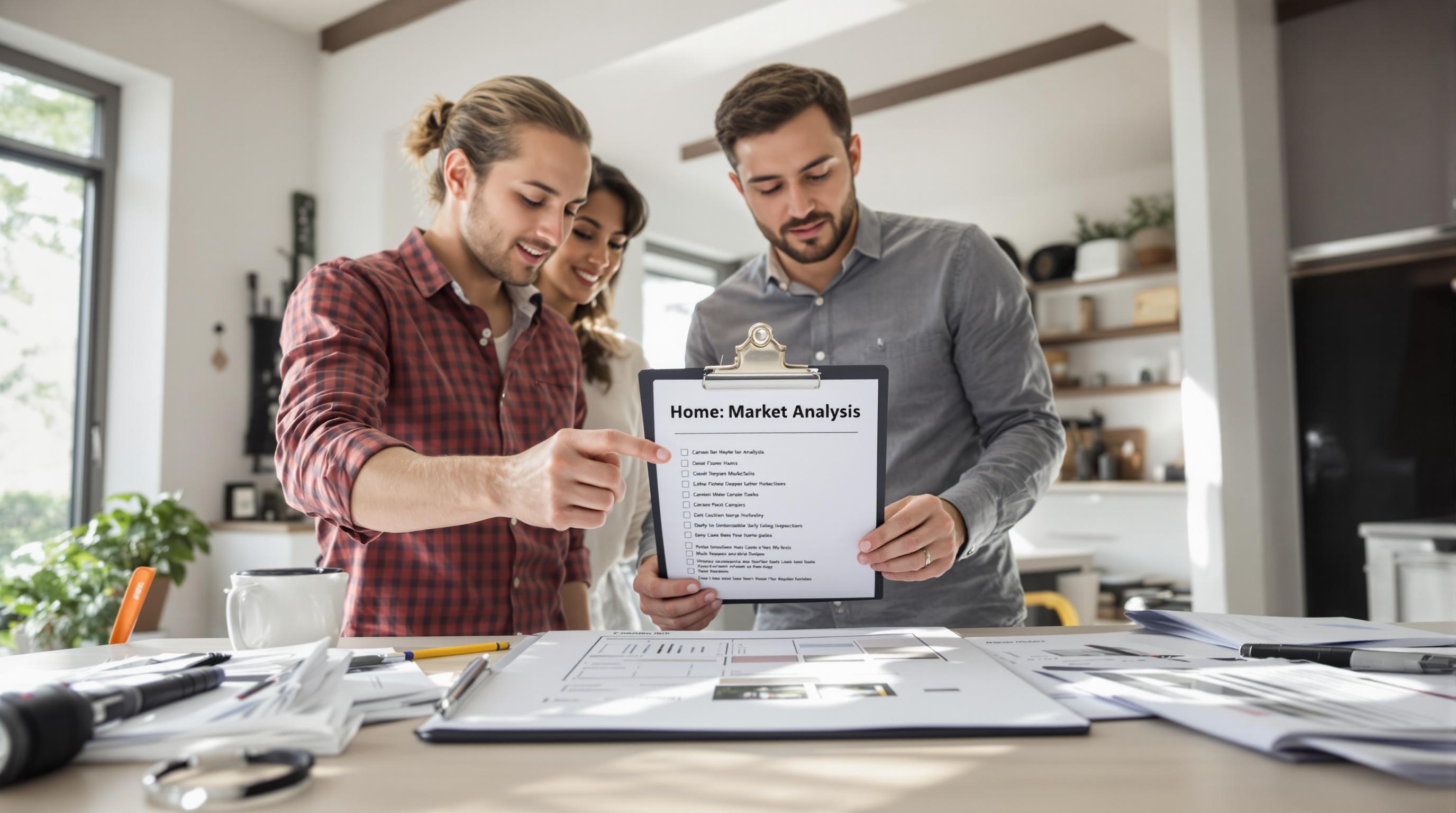 Couple and realtor reviewing home inspection checklist during property assessment