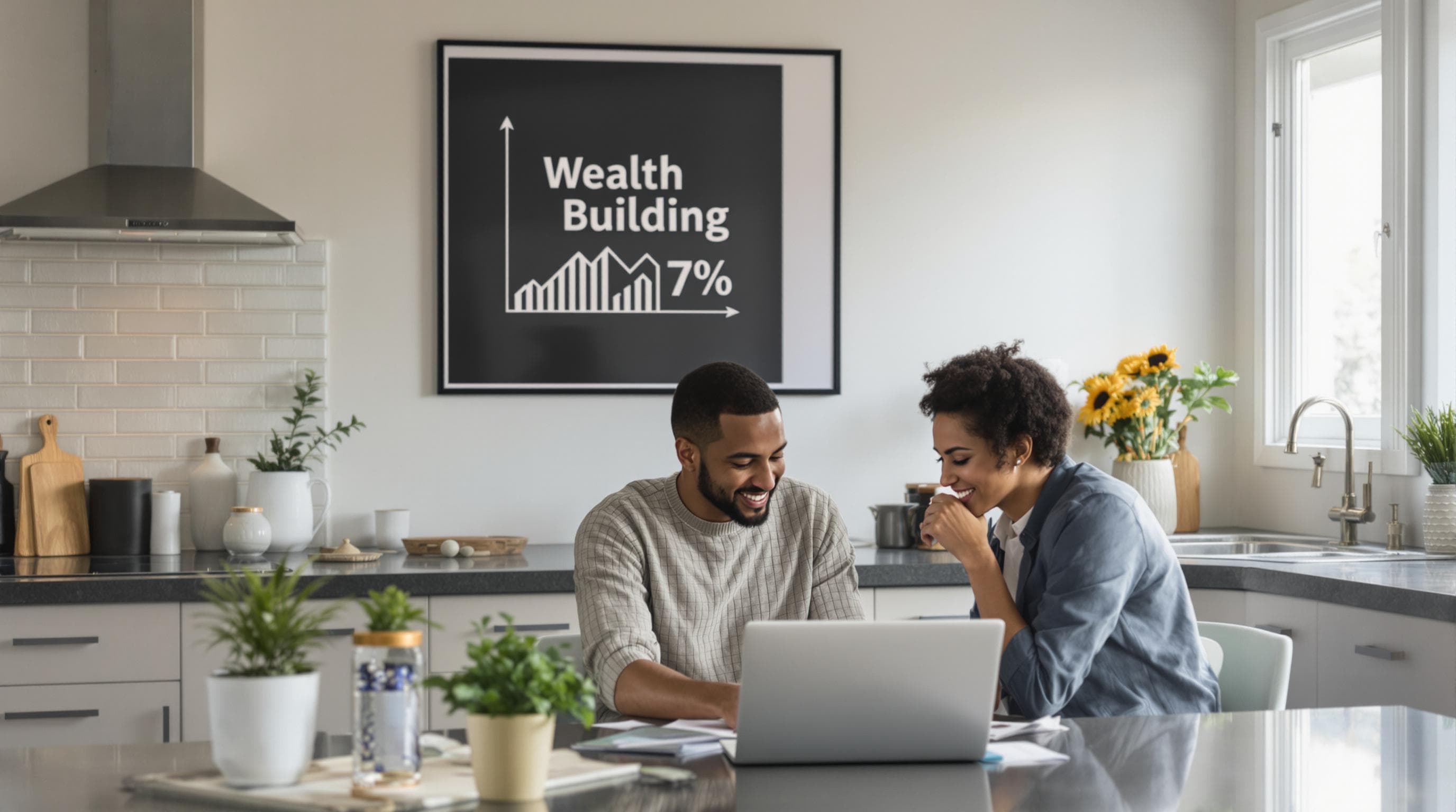 Couple in bright home discussing real estate wealth building plans