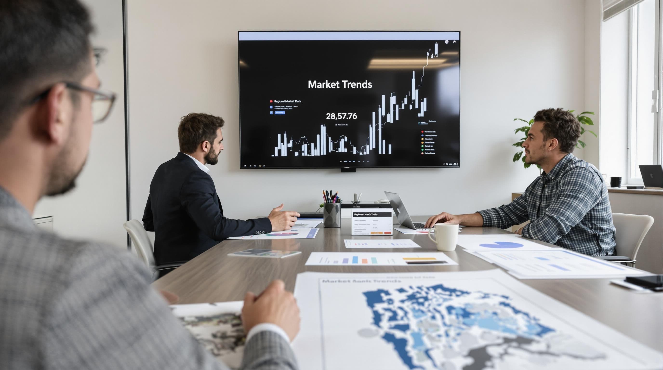 Real estate professionals analyzing Toronto Durham housing data with 'Market Trends' on screen