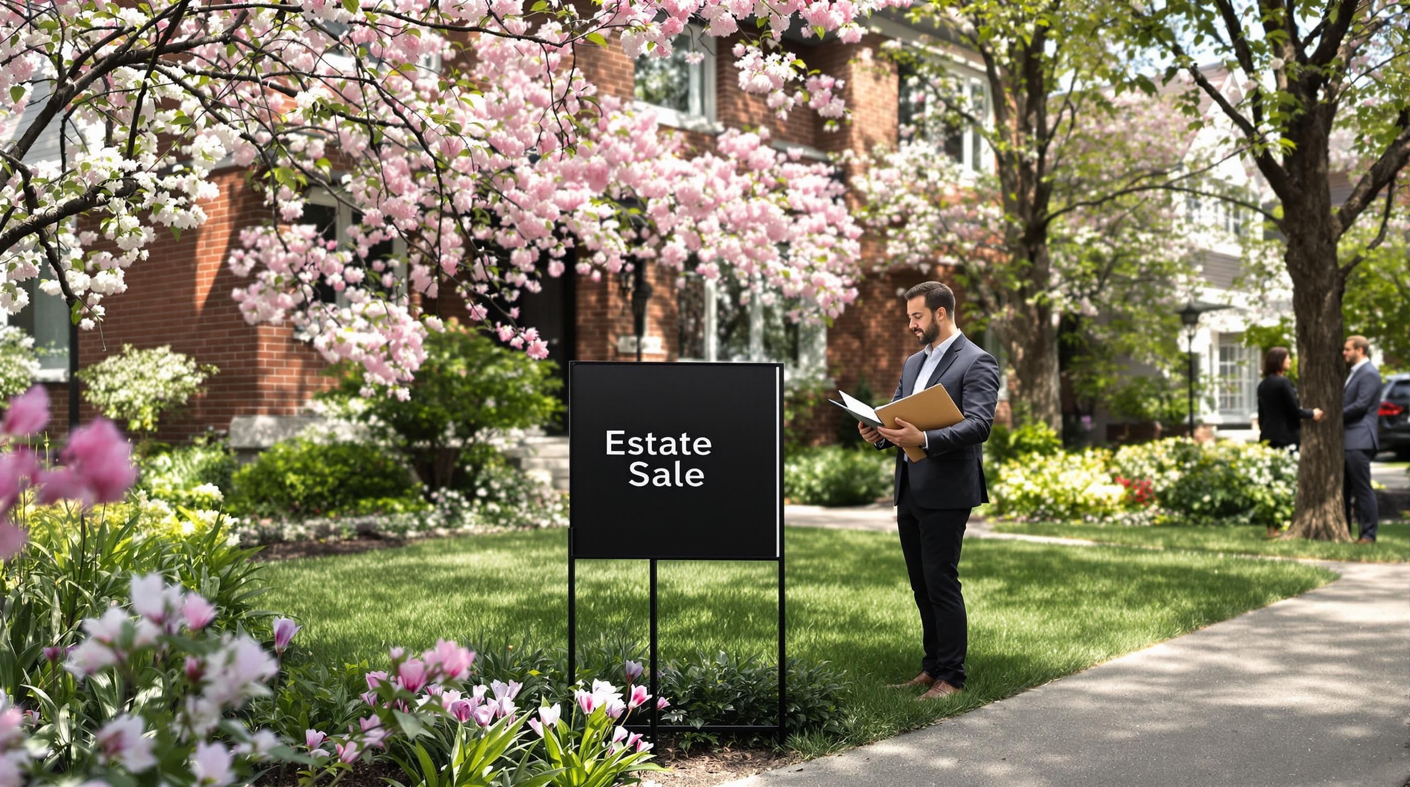 Two professionals discussing outside a Toronto home for sale with 'Estate Sale' sign