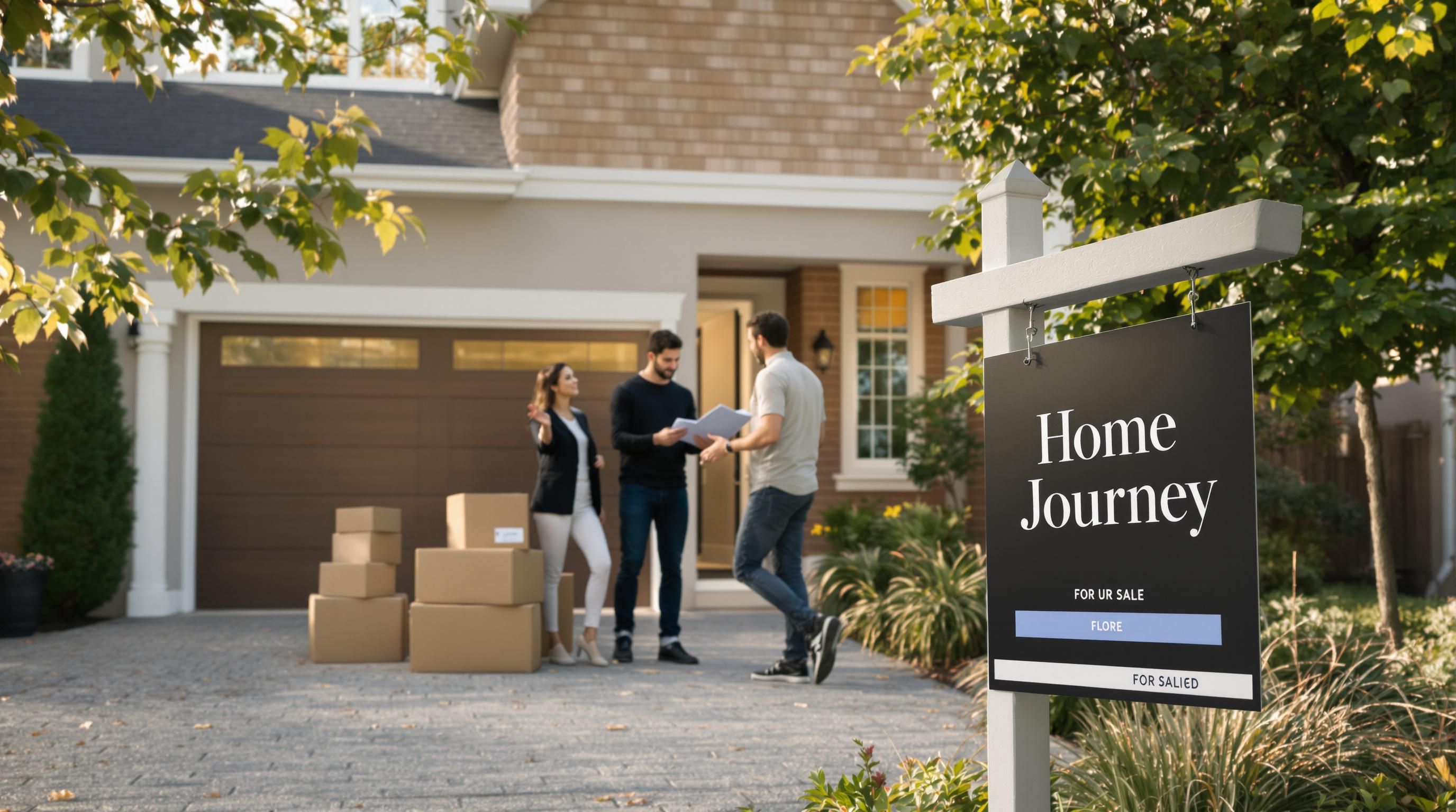 Young couple with real estate agent outside Toronto home for sale