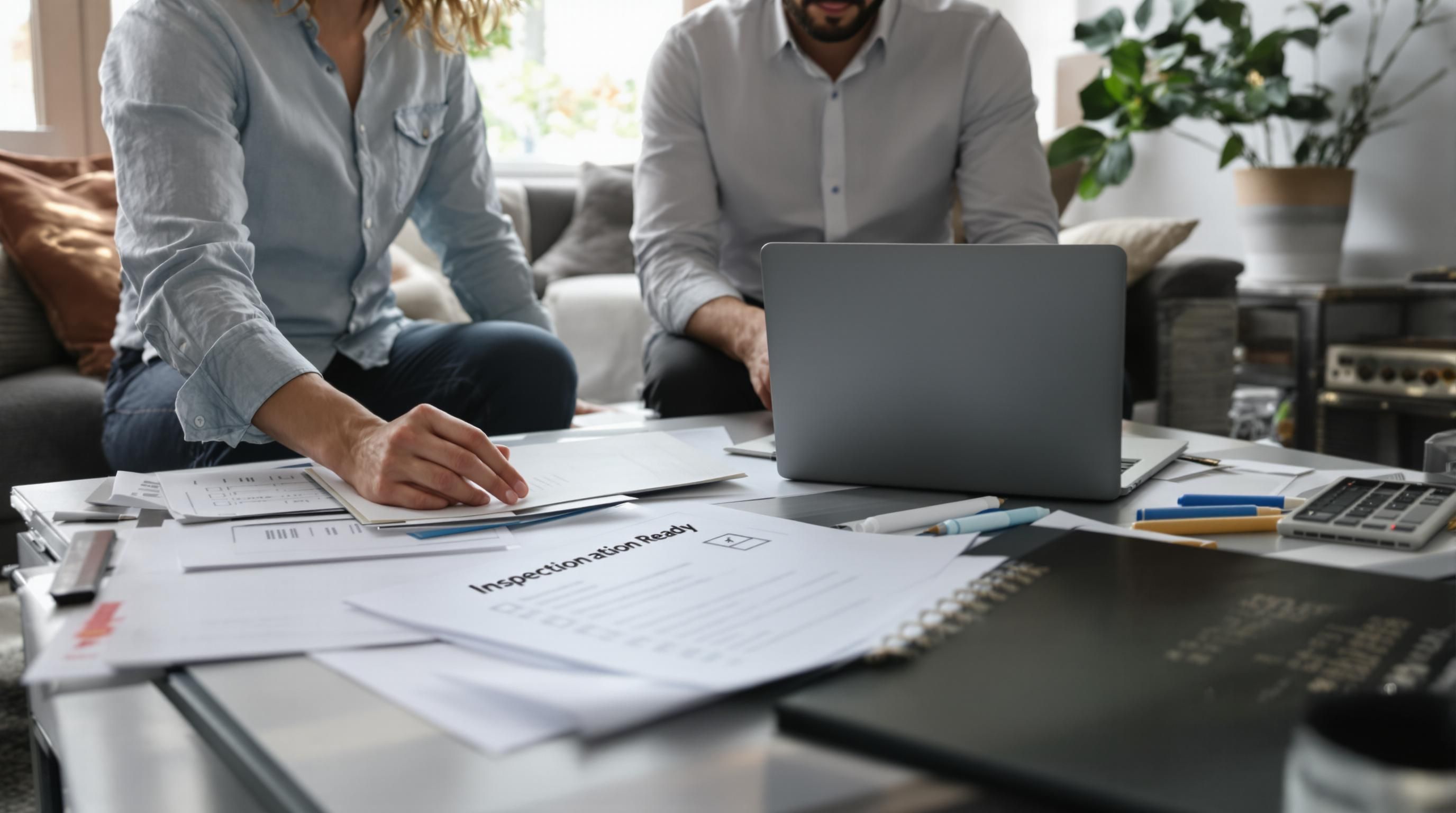Seller and agent organizing records for property inspection in living room