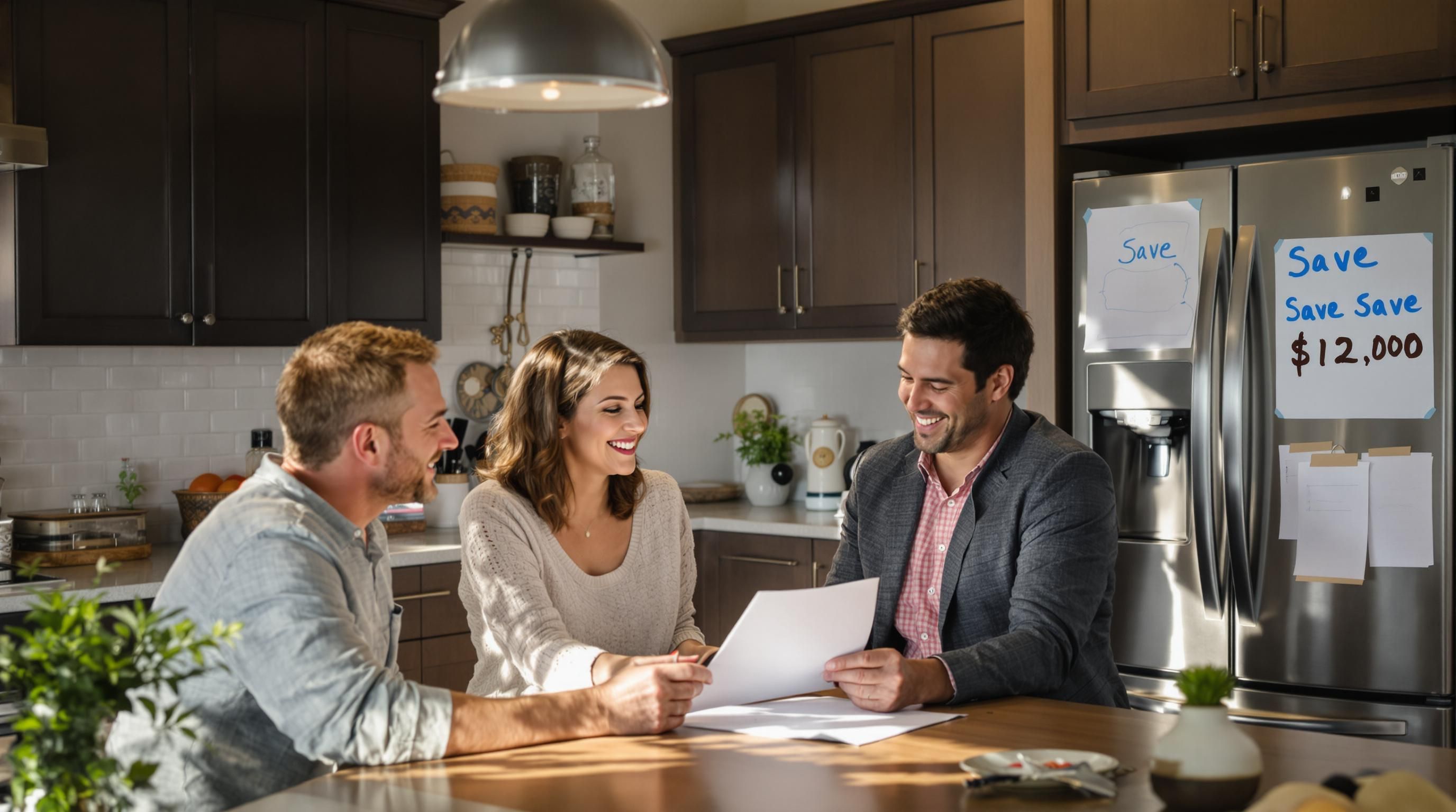 Durham home sellers discuss alternative commissions, whiteboard notes 'Save $12,000'.