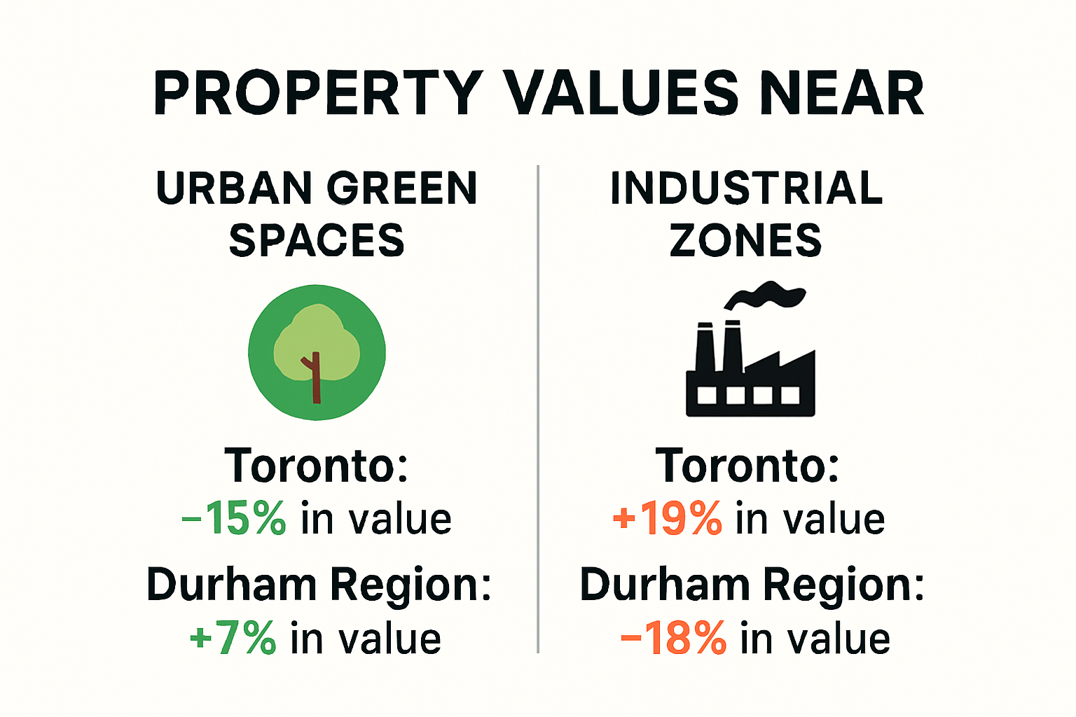 Infographic showing value changes near green spaces and industry