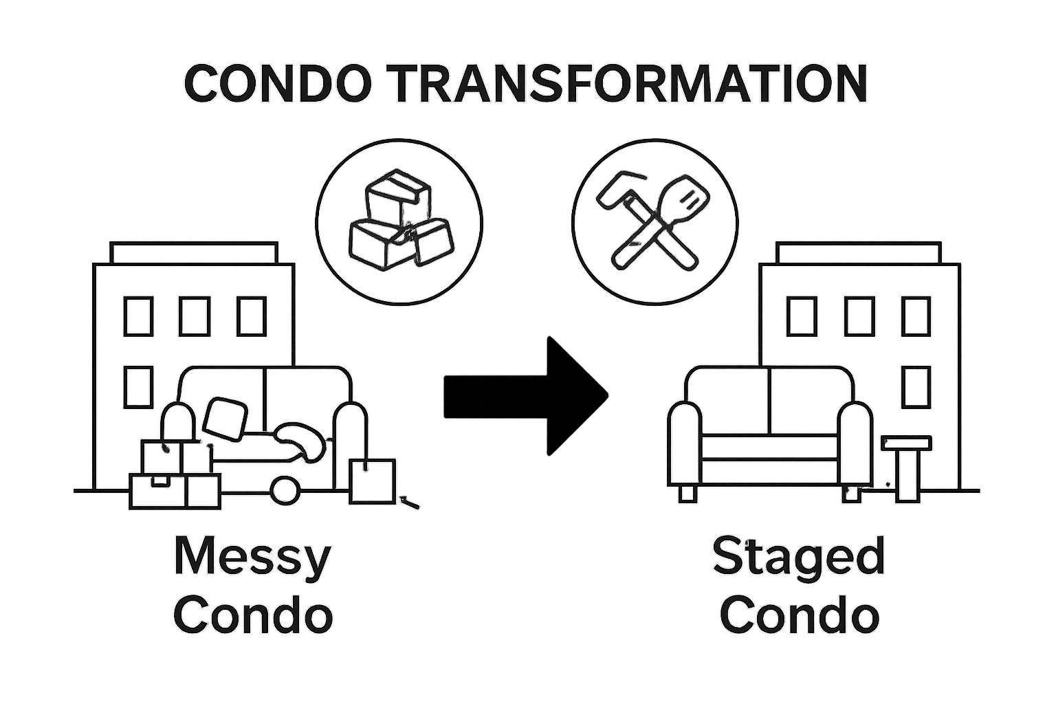 Infographic showing condo before decluttering and after professional staging