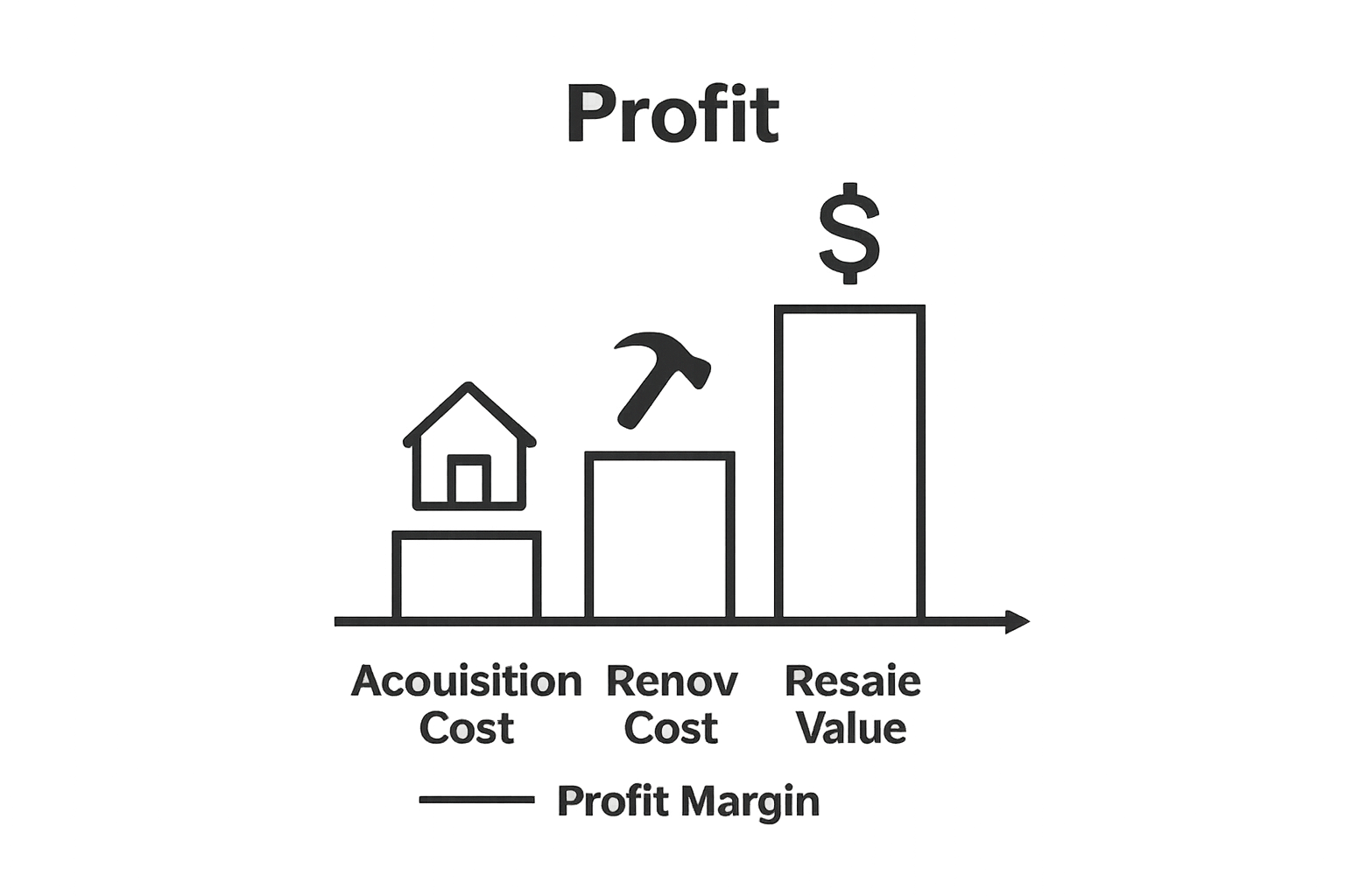 Bar chart comparing acquisition cost, renovation cost, and resale value in house flipping.