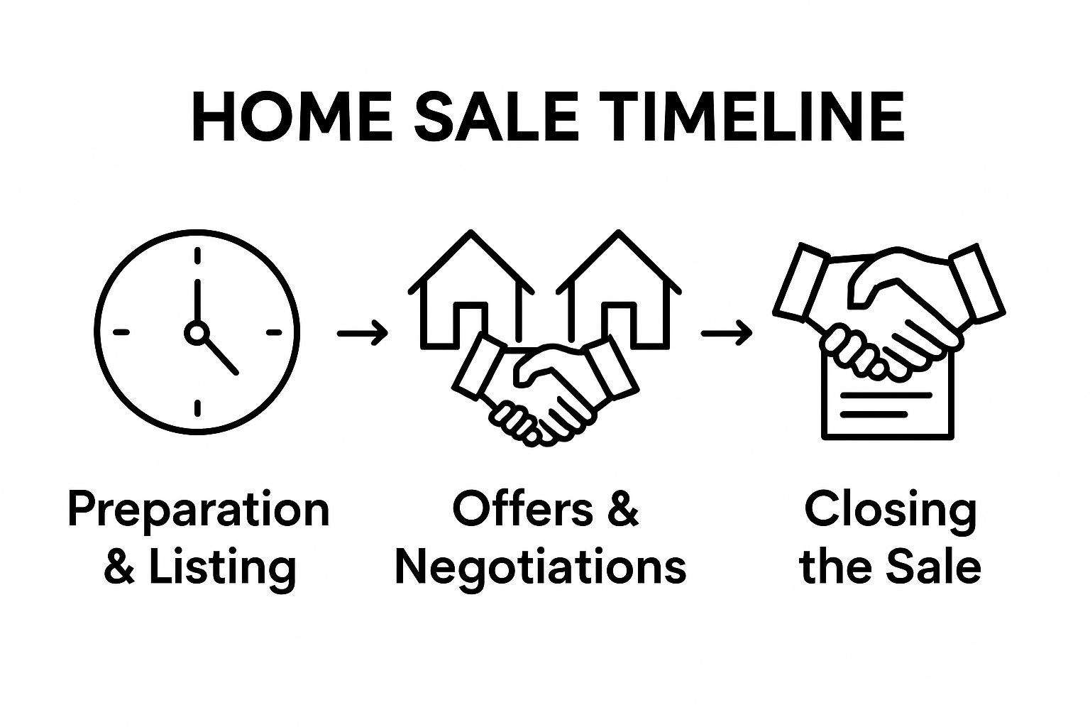 Three illustrated icons summarizing home sale timeline stages in Ontario