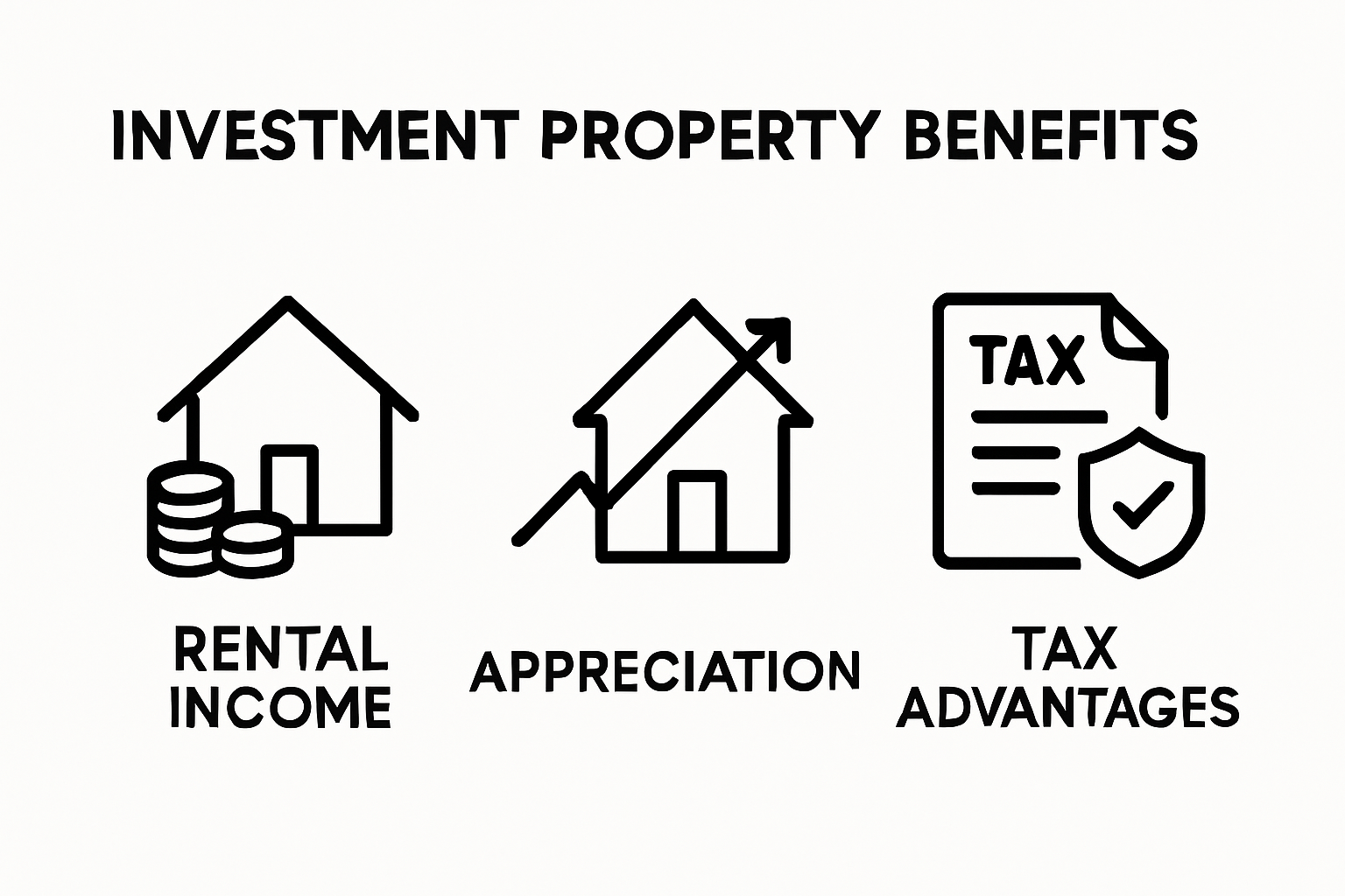 Infographic showing top three investment property benefits in Ontario: rental income, appreciation, tax advantages.