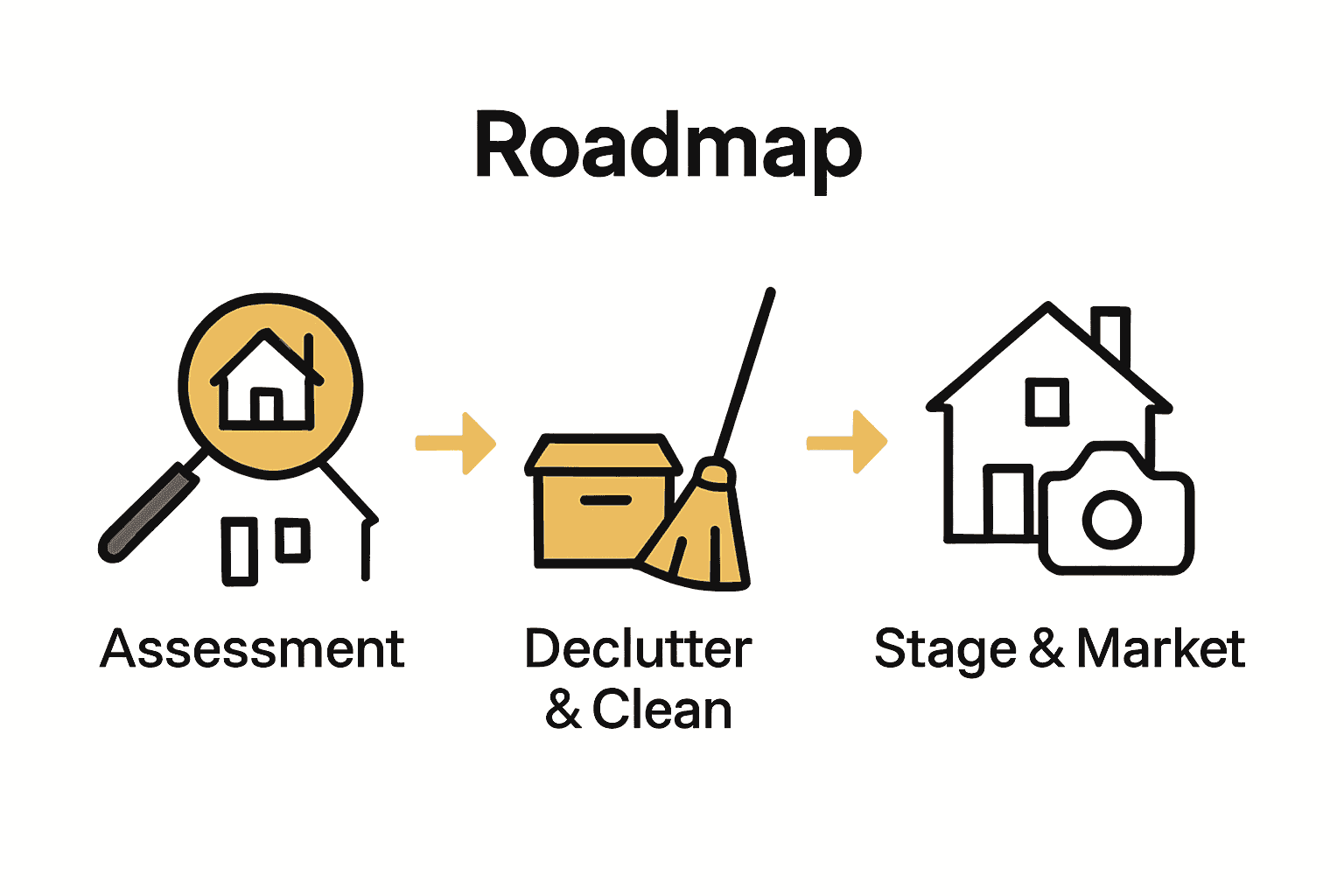 Infographic of home prepping steps: assessment, cleaning, staging.