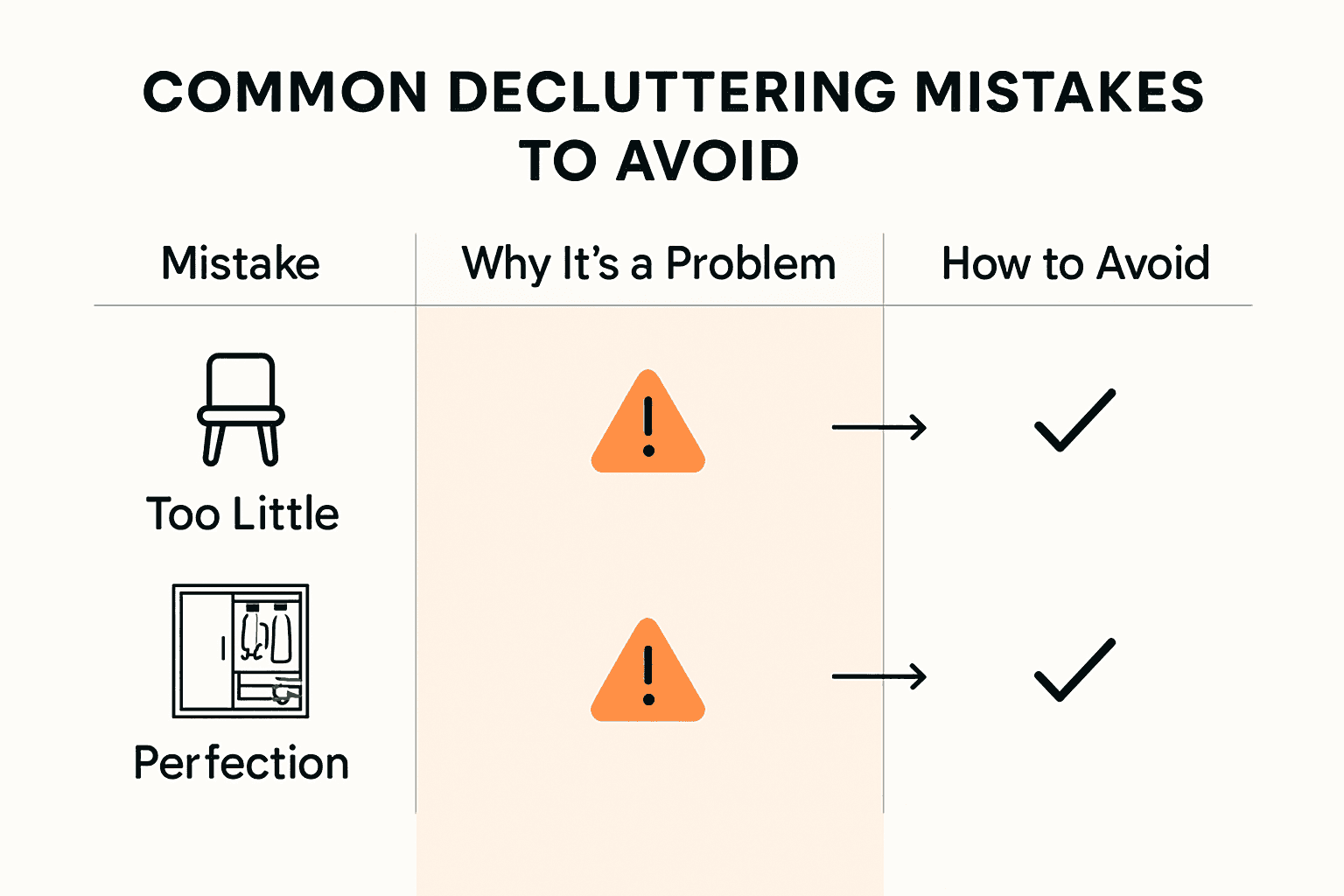 Visual summary of common decluttering mistakes and how to avoid them when selling a home.