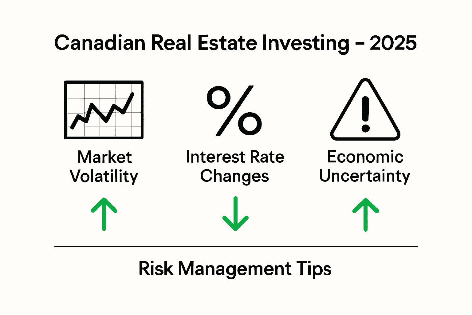 Infographic showing 2025 real estate risks in Canada: volatility, interest rates, and economic uncertainty.