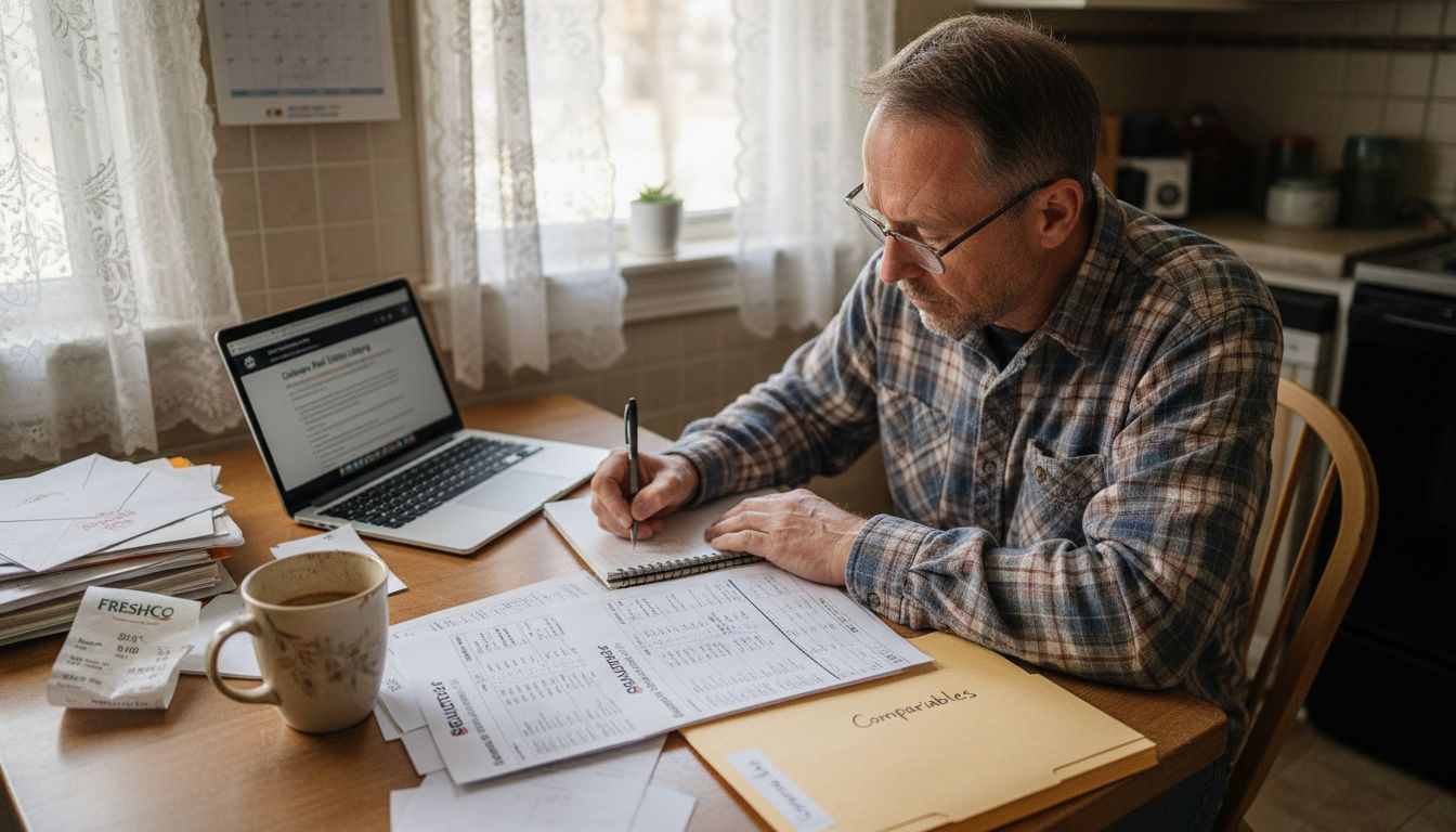 Homeowner assessing Oshawa property values at table