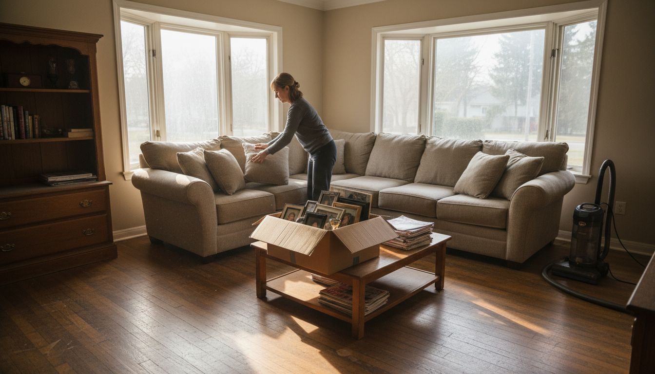 Decluttering and cleaning living room scene