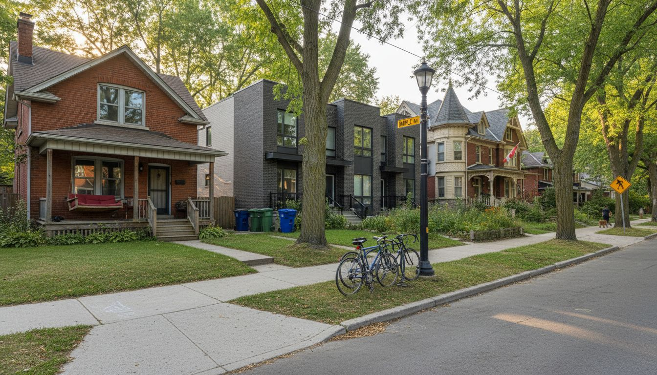 Row of diverse Toronto home exteriors at sunrise