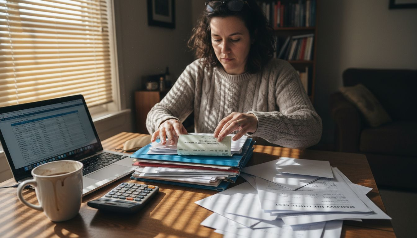 Woman organizing mortgage papers at dining table