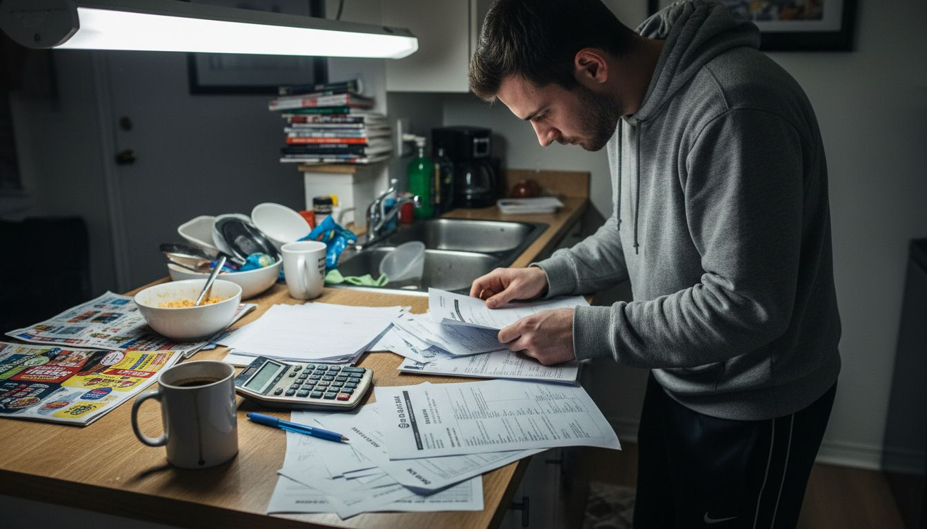 Home buyer sorting mortgage paperwork at kitchen island