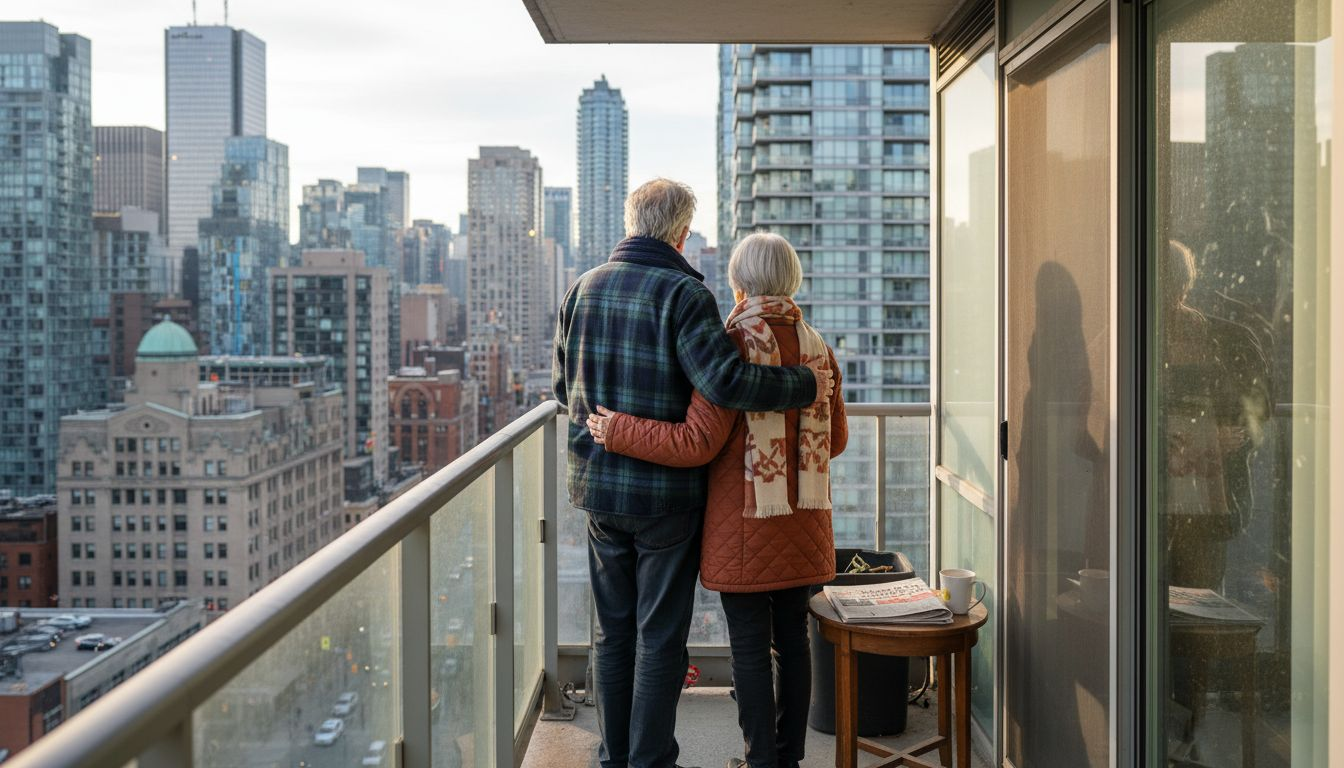 Seniors view downtown from condo balcony