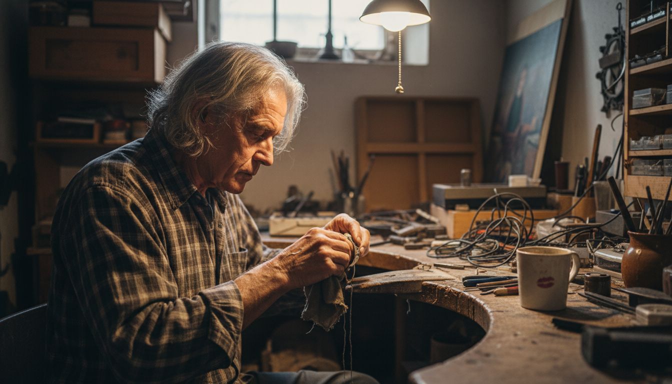 Artisan polishing silver jewelry at workbench