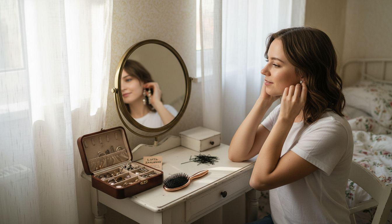 Kobieta przegląda różne srebrne kolczyki, zastanawiając się, które z nich najlepiej będą pasować, stojąc przed swoją toaletką.