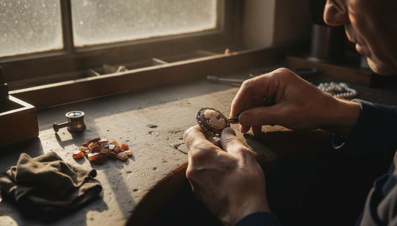 Jubiler osadza kamień kamea w srebrnej broszce.