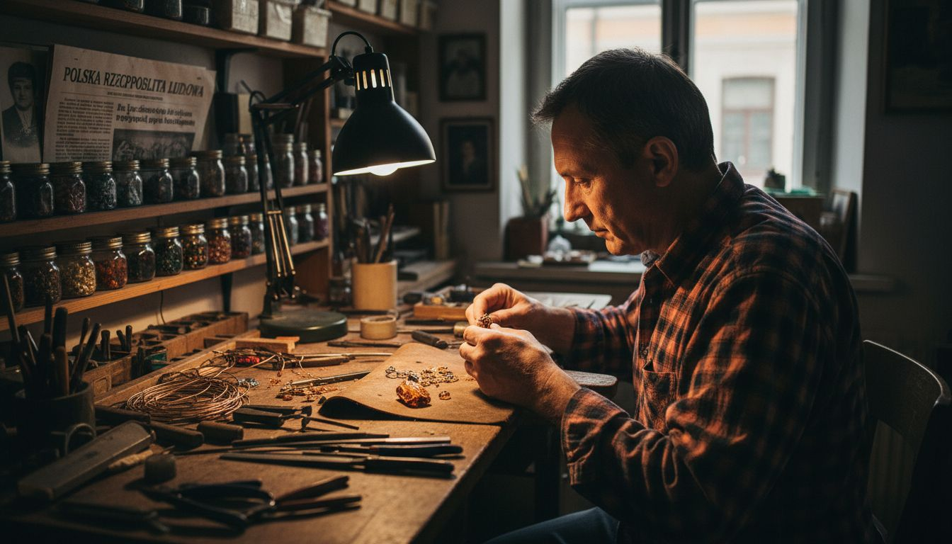 Jubiler ręcznie wykonuje bransoletki z bursztynu przy swoim warsztatowym stole.