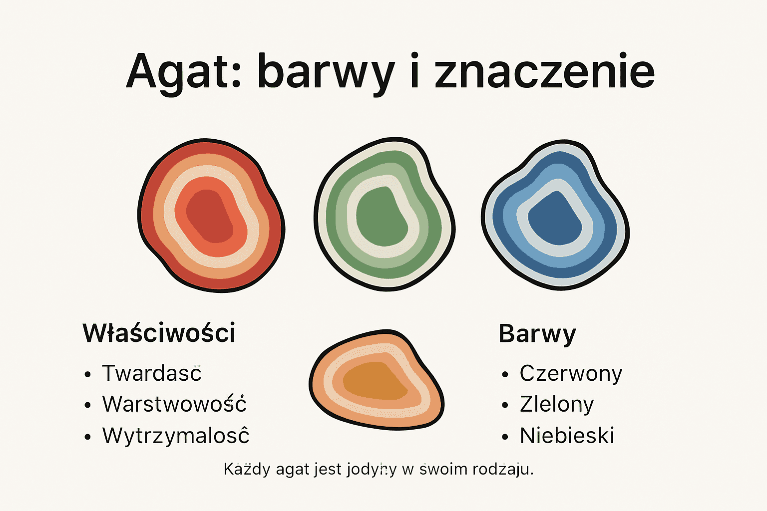 Infografika przedstawiająca cechy charakterystyczne i różnorodność kolorów agatu