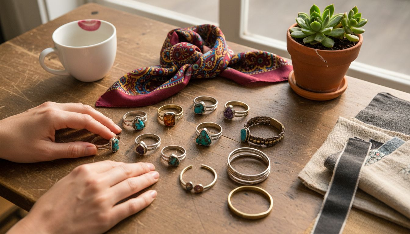 Ręce układają na stole kolorową, artystyczną biżuterię.