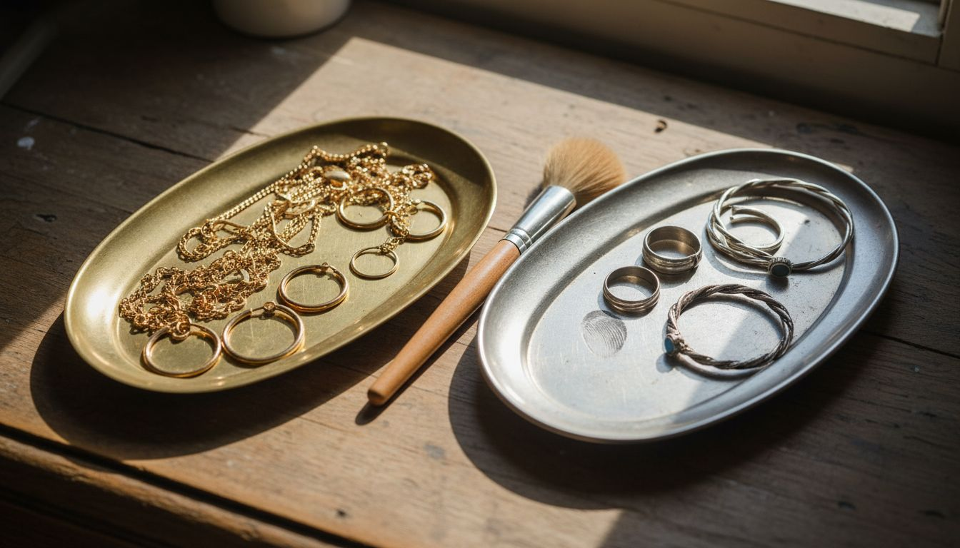 Zestawienie biżuterii ze złota i srebra na eleganckiej tacy
