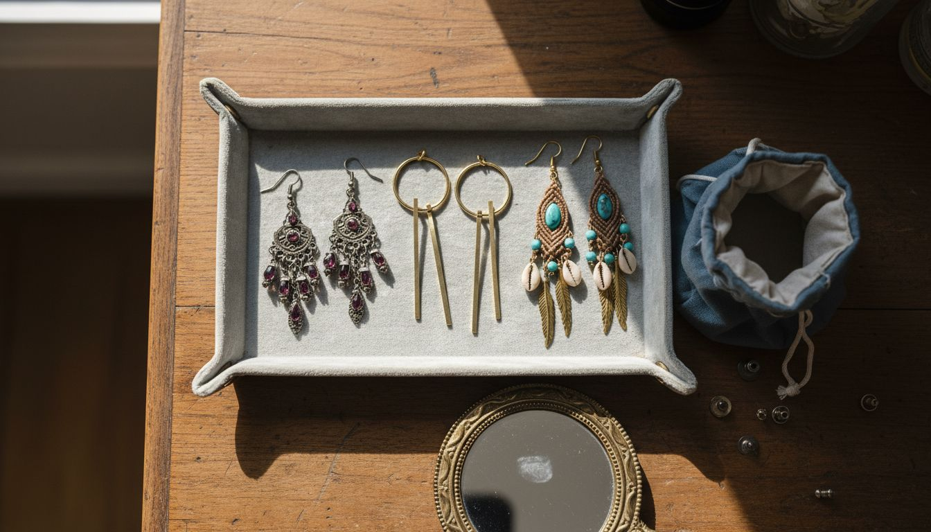 Na eleganckiej tacy prezentują się różnorodne kolczyki wiszące, każdy w innym, oryginalnym stylu.