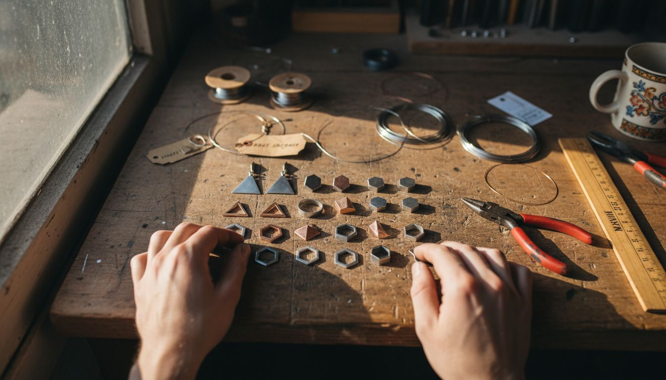 Geometryczna biżuteria rozłożona na stole pełnym narzędzi