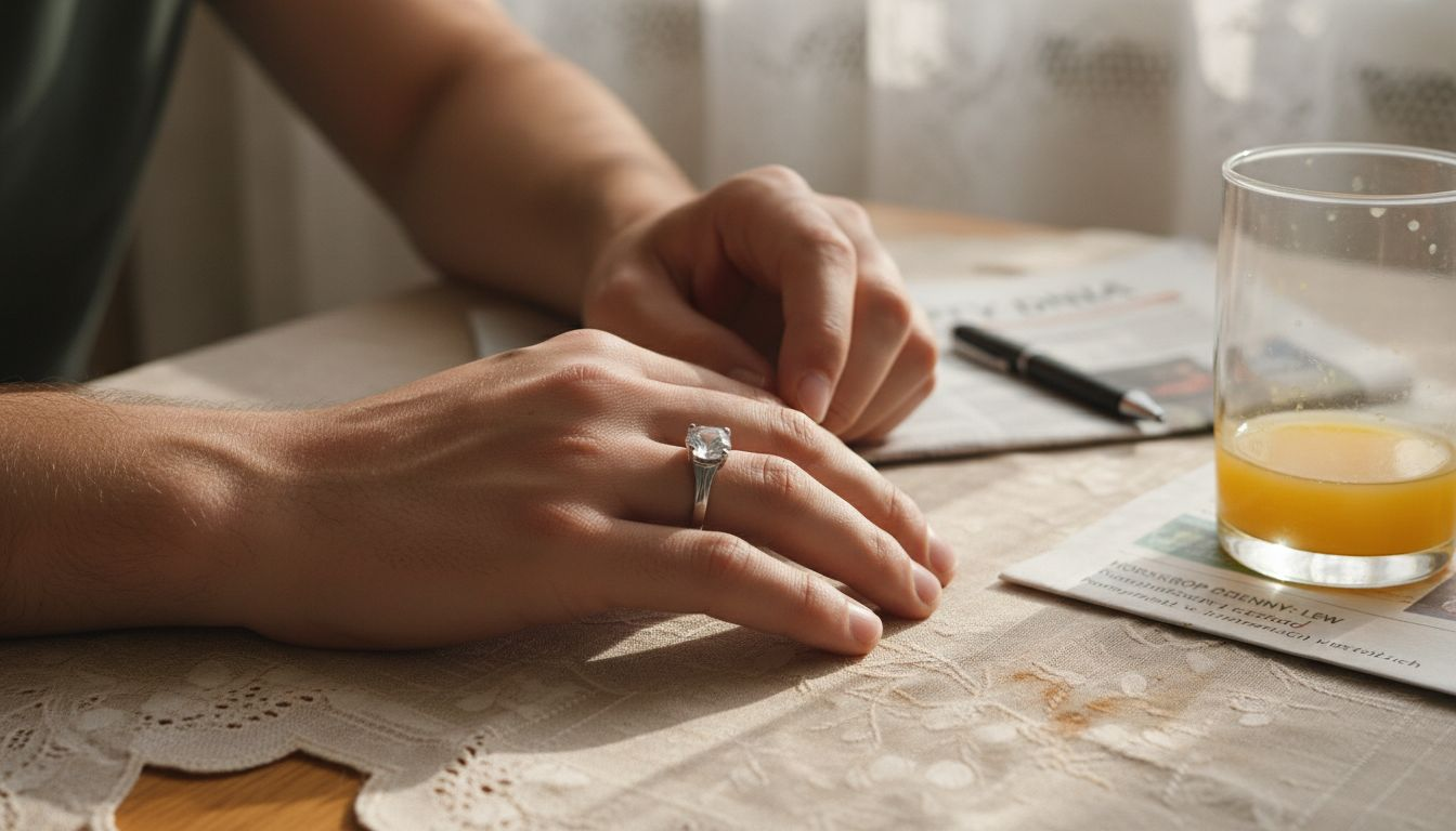 Ręka, na którą właśnie zakładany jest pierścionek z kryształem