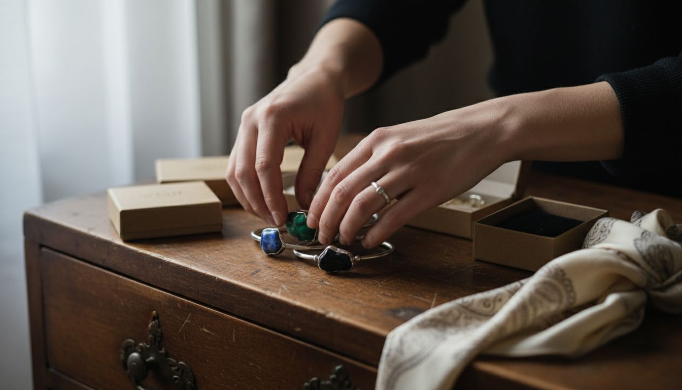 Dłonie układające srebrną biżuterię zdobioną kamieniami