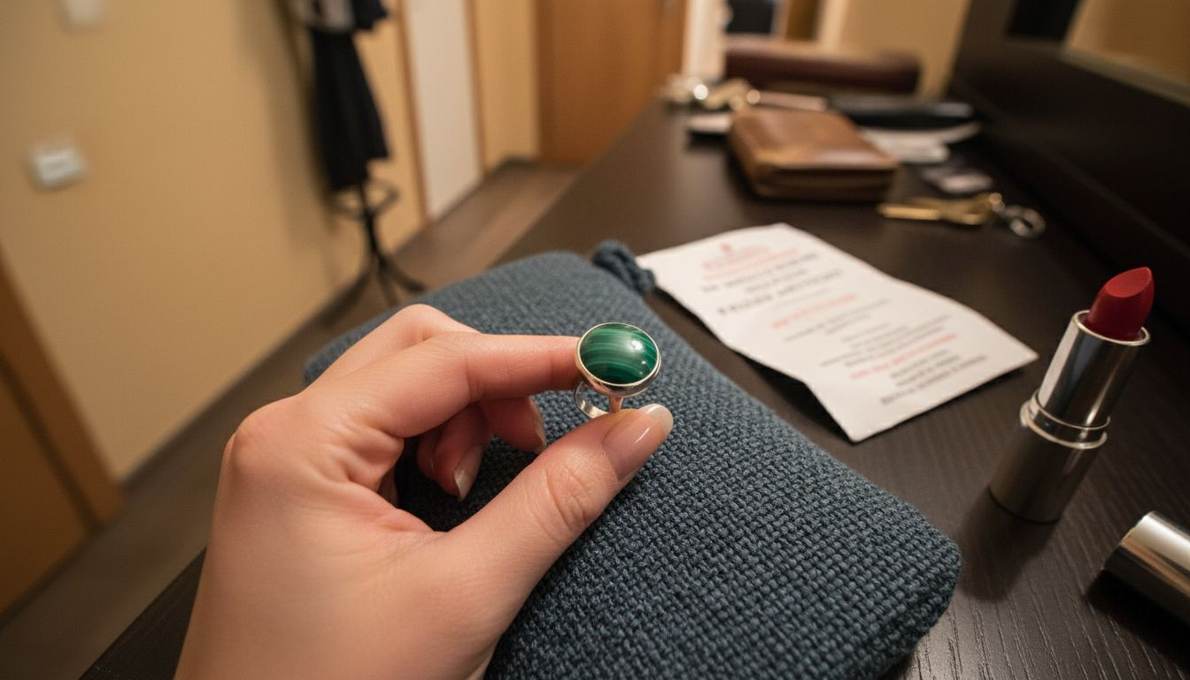 Dłoń z srebrnym pierścionkiem z malachitem spoczywa na torebce