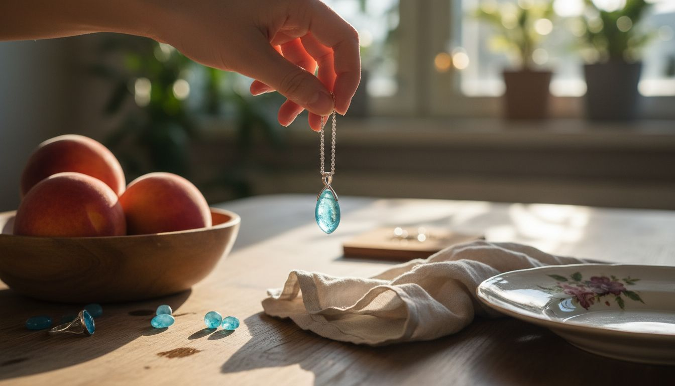 Naszyjnik z akwamarynem w promieniach słońca – zbliżenie na detale