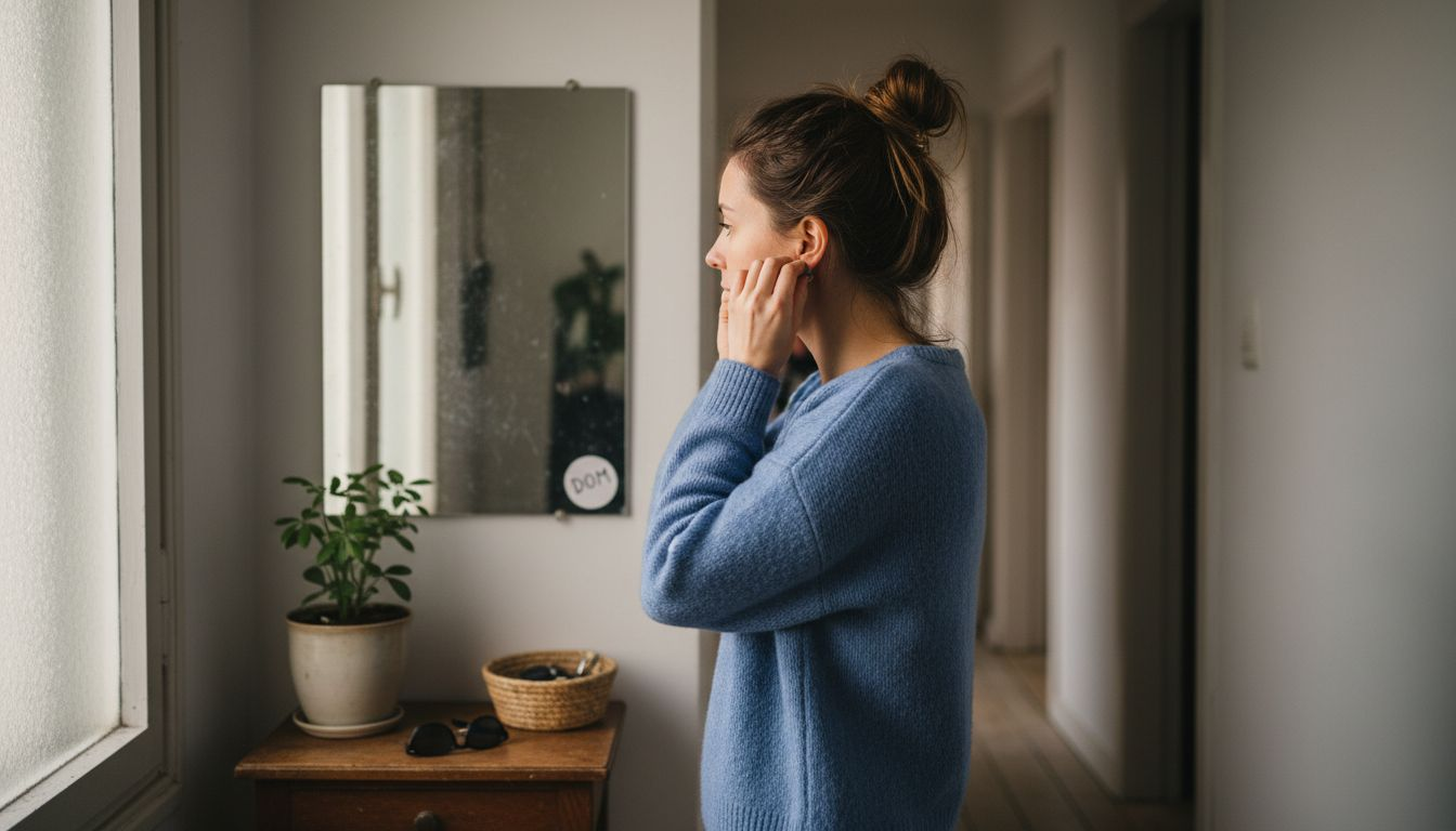 Kobieta przymierza kolczyki z lapis lazuli, stojąc przed lustrem.
