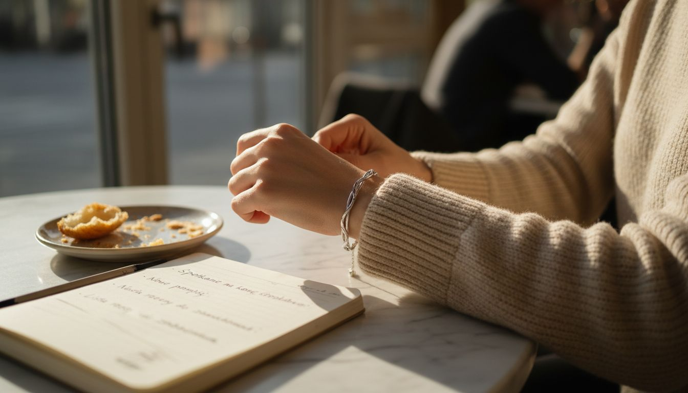 Zbliżenie na kobietę delikatnie poprawiającą srebrną bransoletkę na nadgarstku.